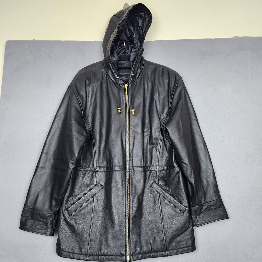 Jacqueline Ferrar Coat Womens Large Black Leather Hooded Zip Padded Parka